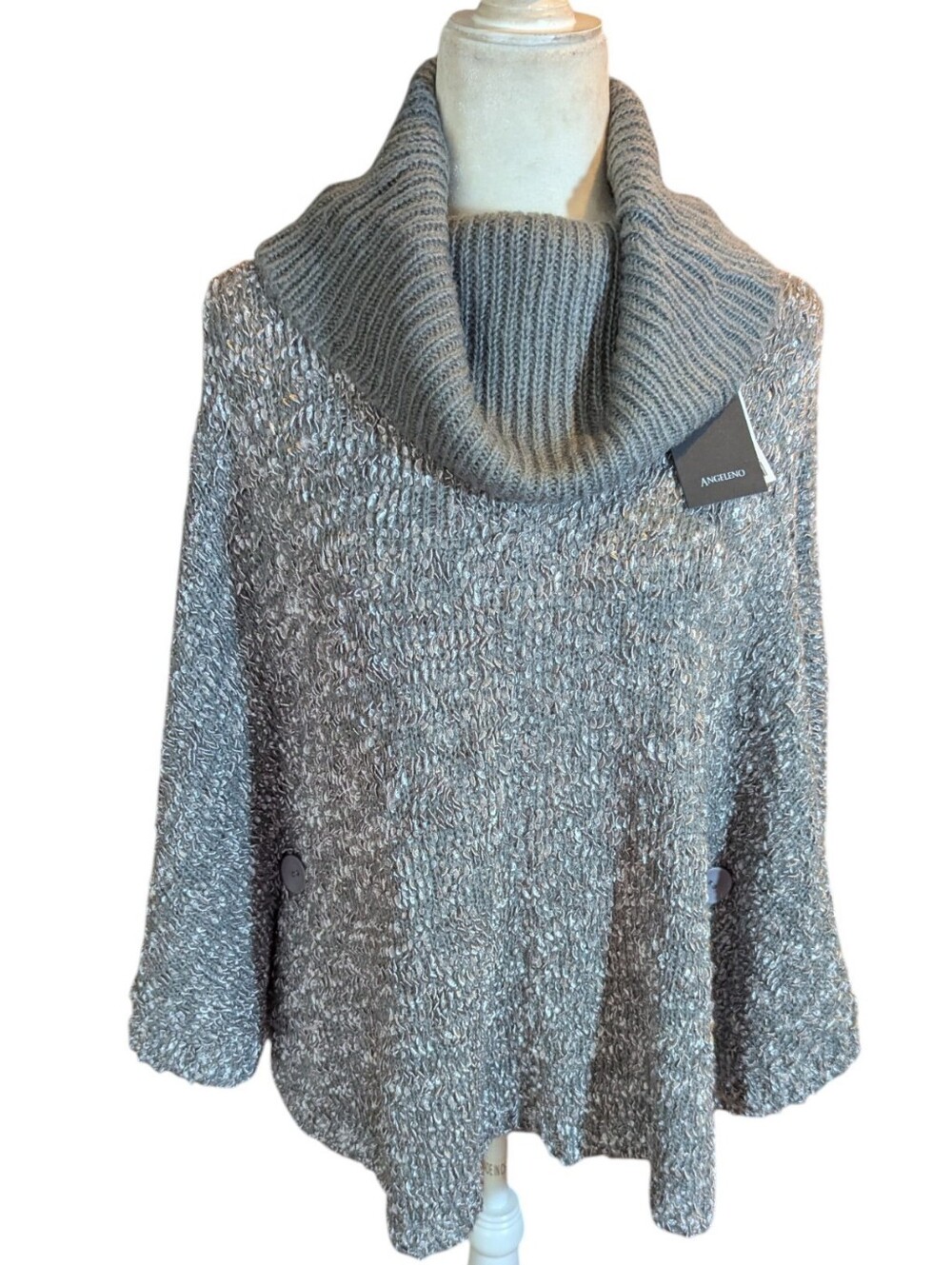 New Gray Marled Cowl Neck Cozy Quiet Luxury Chic Sweater Poncho NWT Sz ML